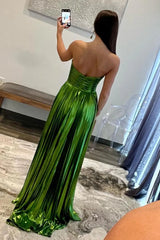 Simple Green A-Line Strapless Long Pleated Metallic Prom Dress with Slit