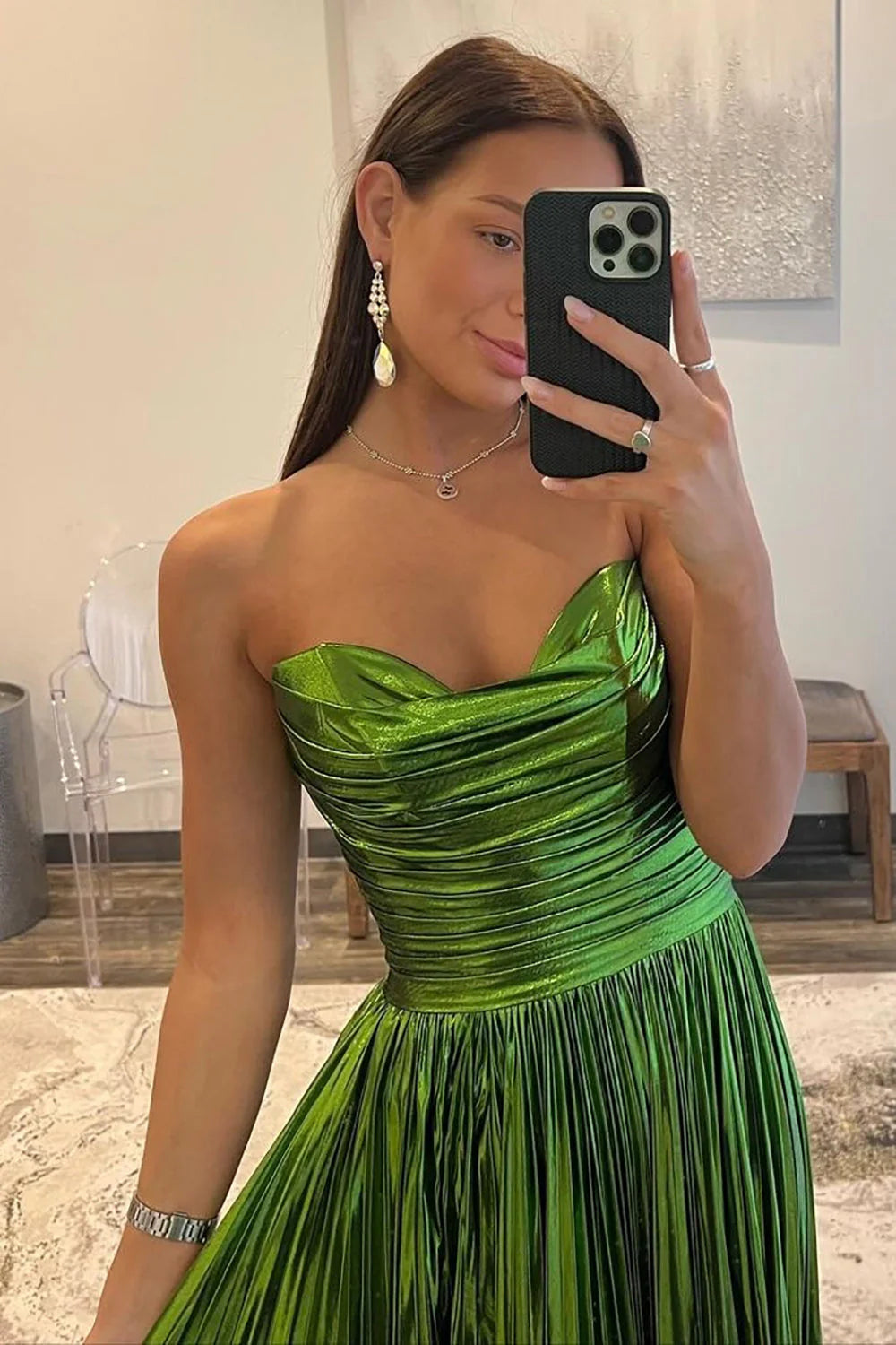 Simple Green A-Line Strapless Long Pleated Metallic Prom Dress with Slit