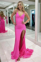 Simple Hot Pink Mermaid Double Straps Lace Up Long Satin Prom Dress With Slit