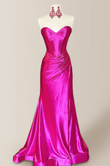 Simple Hot Pink Mermaid Sweetheart Long Satin Prom Party Dress