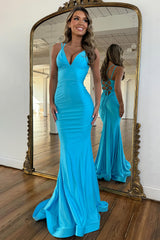 Simple Lake Blue Mermaid Double Straps Lace Up Long Satin Prom Dress