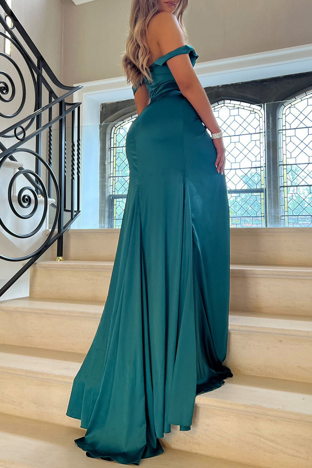 Simple Off The Shoulder Mermaid Satin Prom Dress With Leg Slit