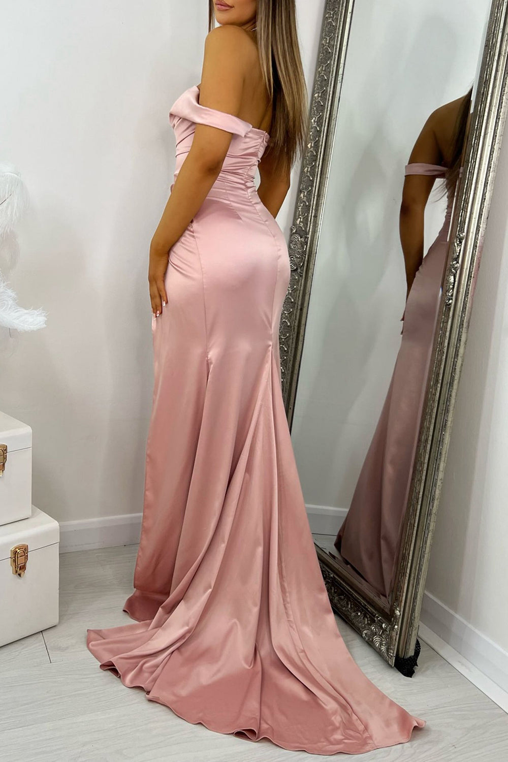 Simple Off The Shoulder Mermaid Satin Prom Dress With Leg Slit