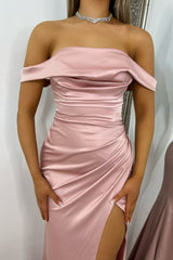 Simple Off The Shoulder Mermaid Satin Prom Dress With Leg Slit