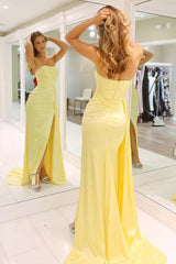 Simple Yellow Strapless Long Satin Prom Party Dress With Slit