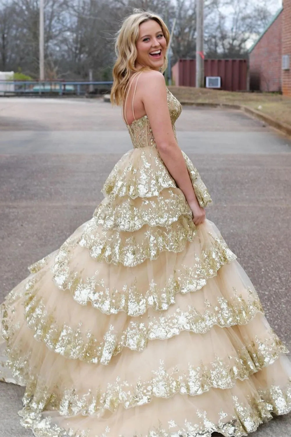 Sparkly Black One Shoulder Long Tiered Sequin Prom Dress with High Slit