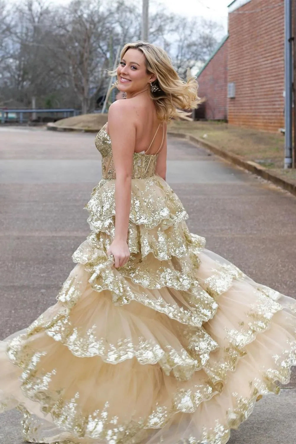 Sparkly Black One Shoulder Long Tiered Sequin Prom Dress with High Slit