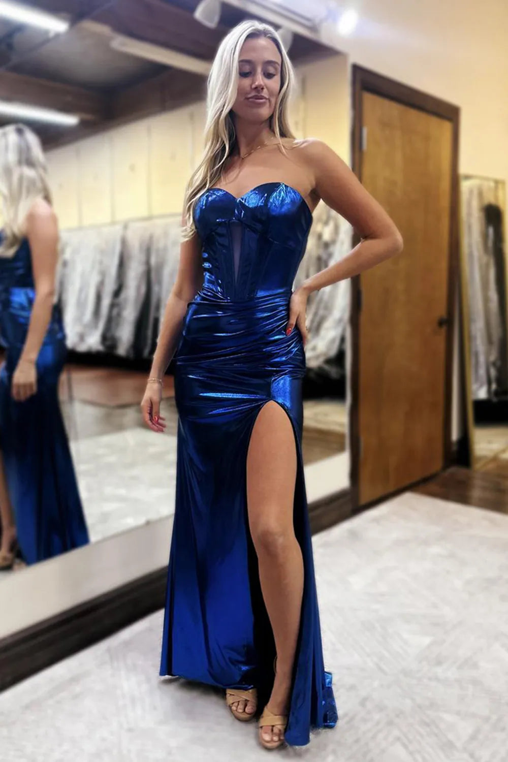 Sparkly Dark Blue Sweetheart Mermaid Long Metallic Prom Dress with Slit