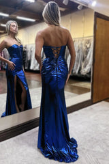 Sparkly Dark Blue Sweetheart Mermaid Long Metallic Prom Dress with Slit