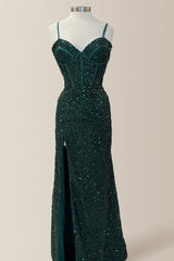 Sparkly Dark Green Mermaid Spaghetti Straps Long Sequin Prom Dress