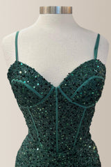 Sparkly Dark Green Mermaid Spaghetti Straps Long Sequin Prom Dress