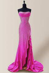 Sparkly Hot Pink Mermaid Strapless Long Beaded Prom Dress with Slit