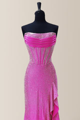 Sparkly Hot Pink Mermaid Strapless Long Beaded Prom Dress with Slit