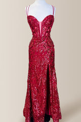 Sparkly Red Mermaid Double Straps Long Sequin Prom Dress with High Slit