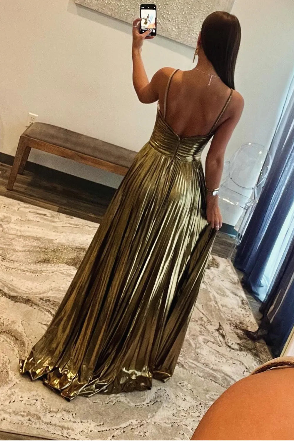 Stunning Gold Halter Neck A-Line Long Metallic Prom Dress With Leg Slit