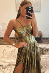 Stunning Gold Halter Neck A-Line Long Metallic Prom Dress With Leg Slit