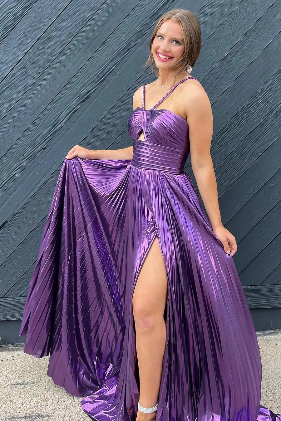 Stunning Gold Halter Neck A-Line Long Metallic Prom Dress With Leg Slit