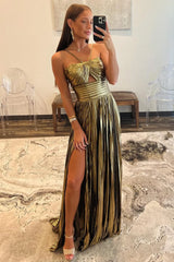 Stunning Gold Halter Neck A-Line Long Metallic Prom Dress With Leg Slit