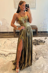 Stunning Gold Halter Neck A-Line Long Metallic Prom Dress With Leg Slit