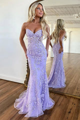 Stunning Lilac Mermaid Sweetheart Lace Up Long Corset Prom Dress with Appliques