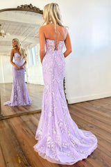 Stunning Lilac Mermaid Sweetheart Lace Up Long Corset Prom Dress with Appliques