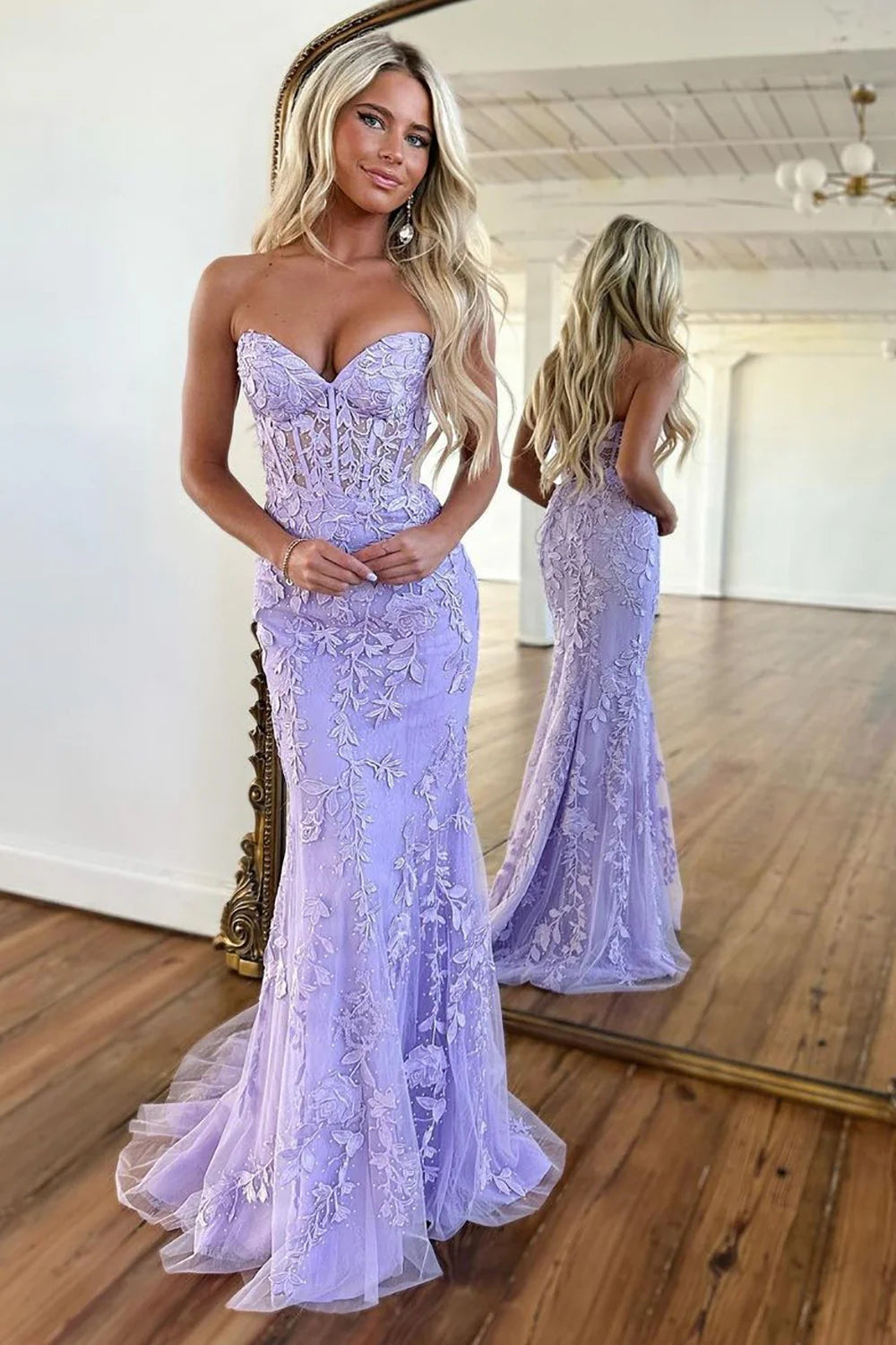 Stunning Lilac Mermaid Sweetheart Lace Up Long Corset Prom Dress with Appliques