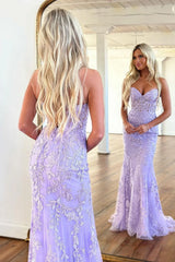 Stunning Lilac Mermaid Sweetheart Lace Up Long Corset Prom Dress with Appliques