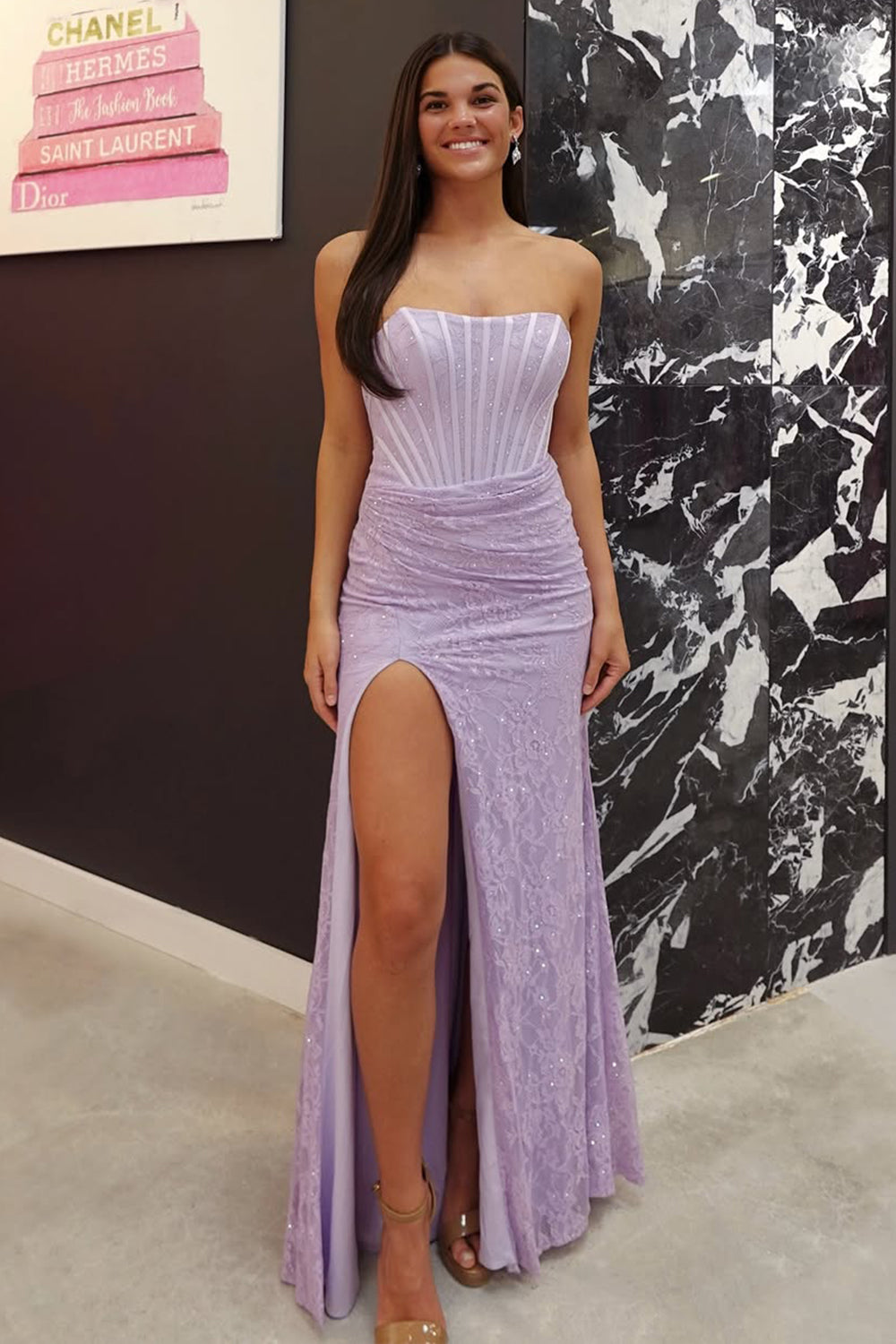 Stunning Lilac Strapless Glitter Top Long Lace Prom Dress With Slit