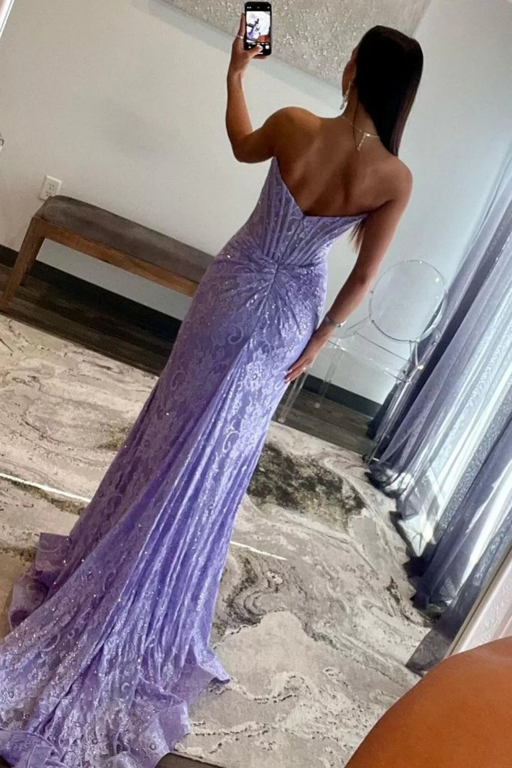 Stunning Mermaid Strapless Sweep Train Lace Prom Dress With Slit