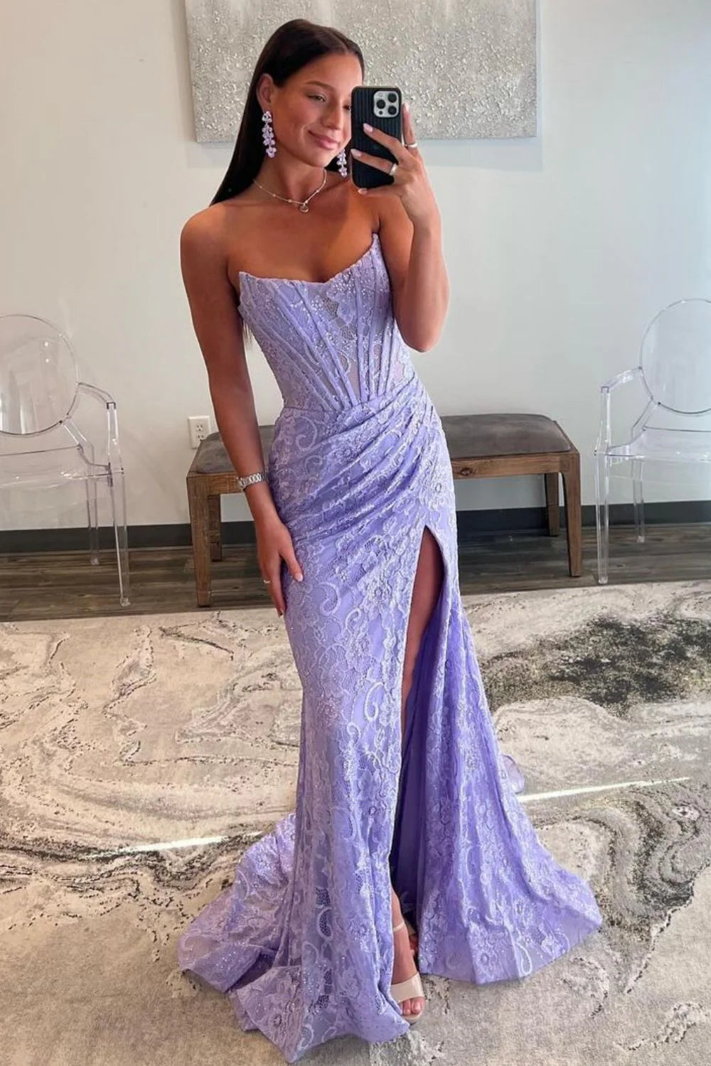 Stunning Mermaid Strapless Sweep Train Lace Prom Dress With Slit