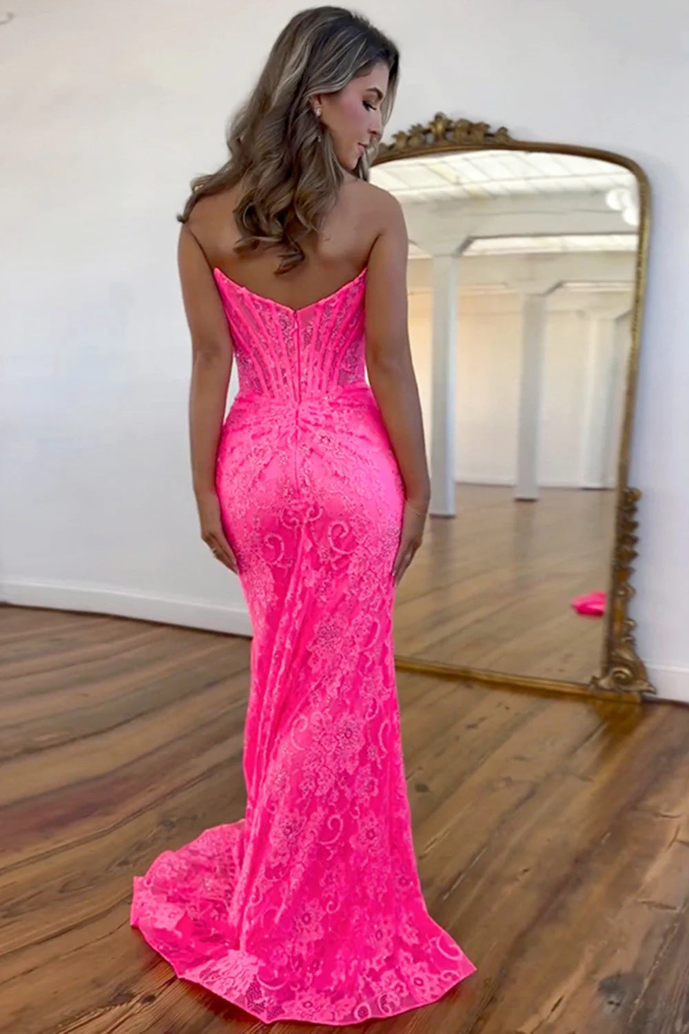 Stunning Mermaid Strapless Sweep Train Lace Prom Dress With Slit