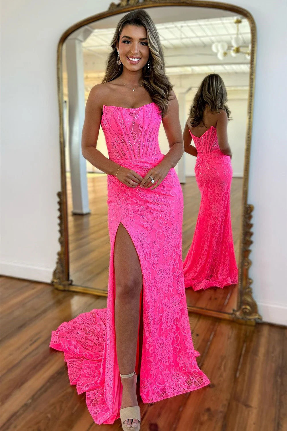 Stunning Mermaid Strapless Sweep Train Lace Prom Dress With Slit