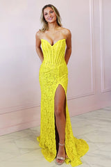 Stunning Yellow Mermaid Strapless Long Lace Prom Dress With Let Slit