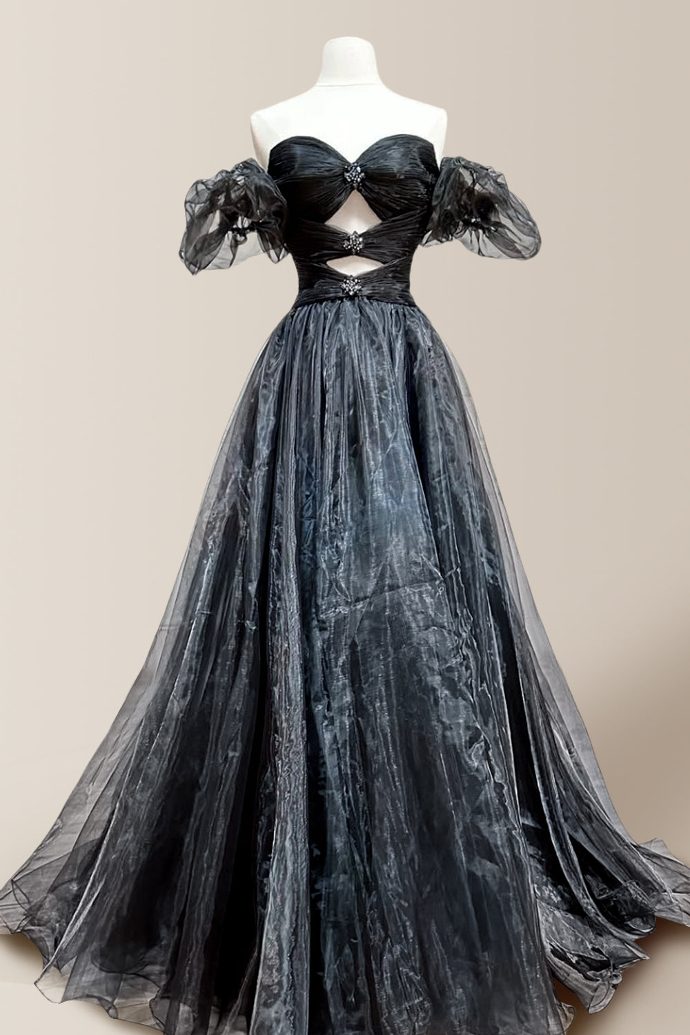 Stylish Black A-Line Off The Shoulder Long Prom Dress with Beading