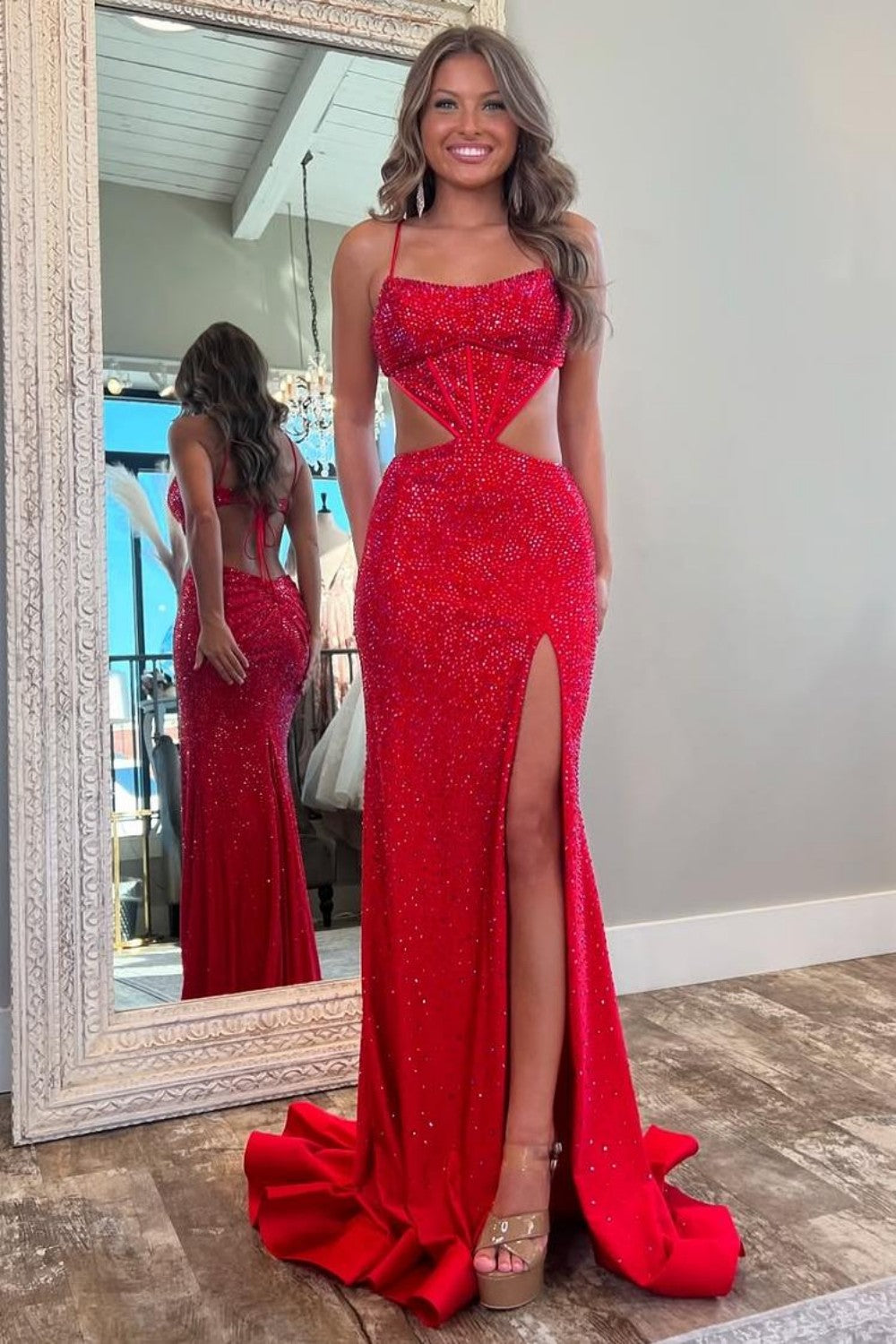 Stylish Glitter Mermaid Spaghetti Straps Waist Hollow Long Prom Dress