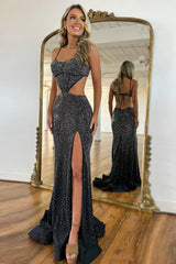 Stylish Glitter Mermaid Spaghetti Straps Waist Hollow Long Prom Dress