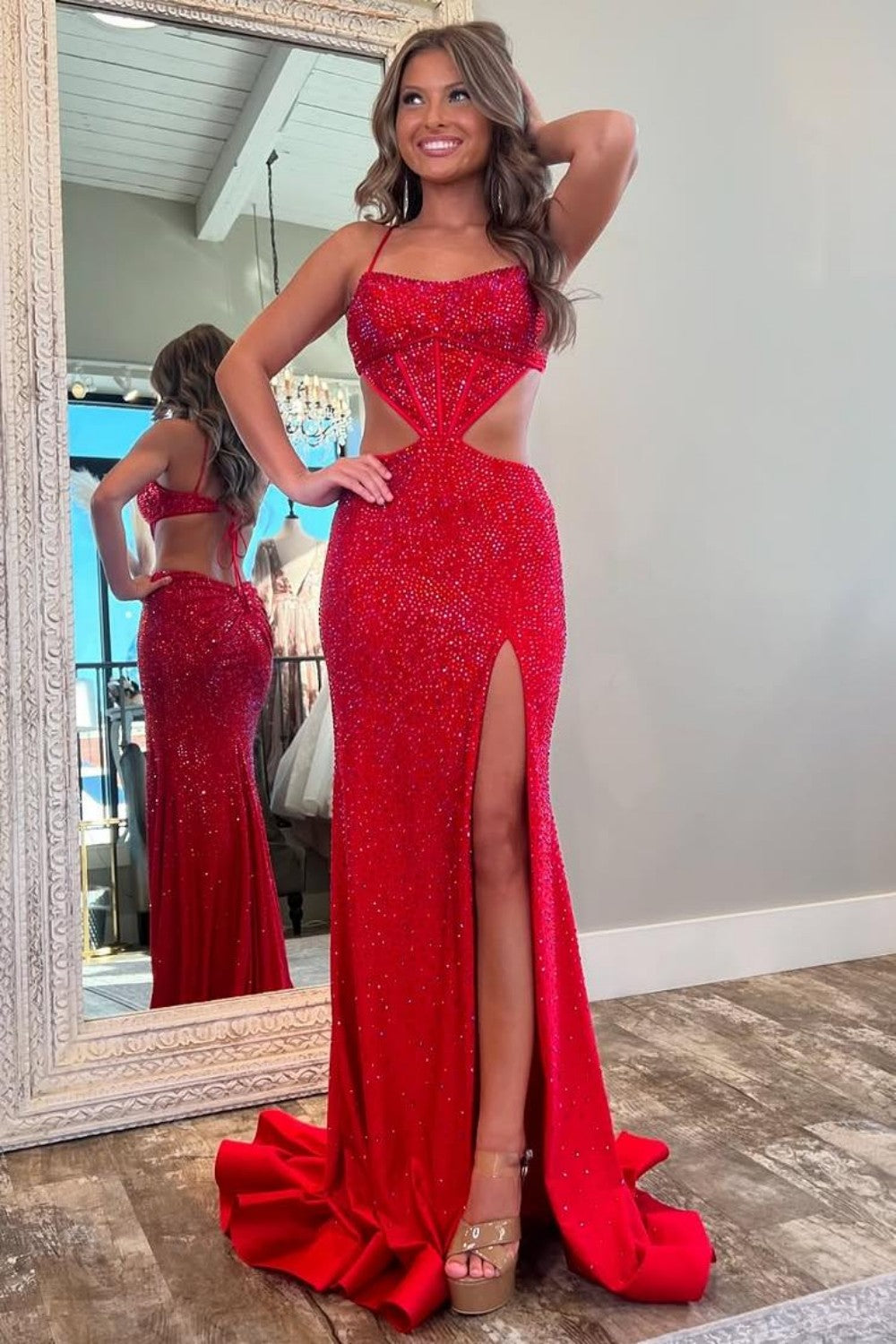 Stylish Glitter Mermaid Spaghetti Straps Waist Hollow Long Prom Dress