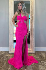 Stylish Hot Pink One Shoulder Mermaid Long Lace Prom Party Dress With Slit