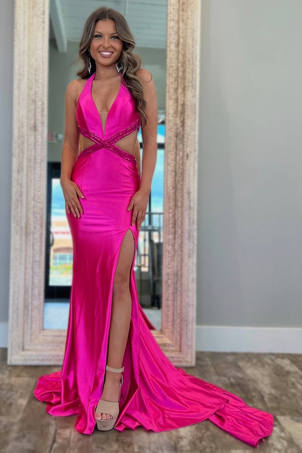 Stylish Hot Pink Waist Hollow Long Mermaid Satin Prom Dress with Slit