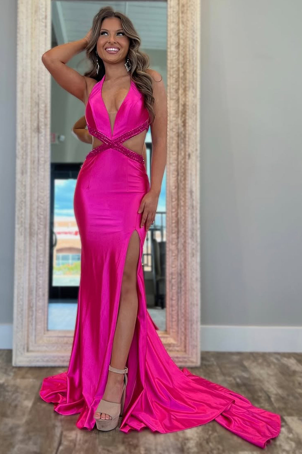 Stylish Hot Pink Waist Hollow Long Mermaid Satin Prom Dress with Slit