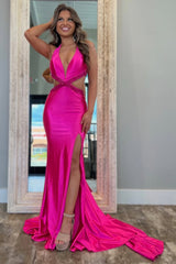 Stylish Hot Pink Waist Hollow Long Mermaid Satin Prom Dress with Slit