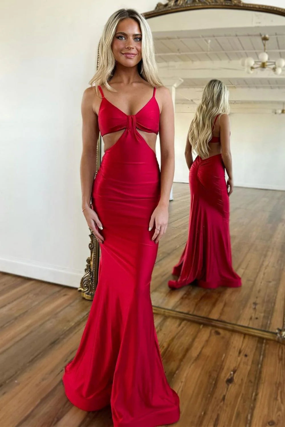 Stylish Red Mermaid Spaghetti Straps Long Satin Prom Dress