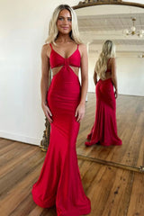 Stylish Red Mermaid Spaghetti Straps Long Satin Prom Dress