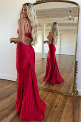 Stylish Red Mermaid Spaghetti Straps Long Satin Prom Dress