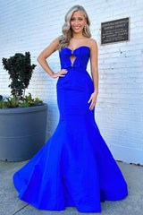 Stylish Royal Blue Mermaid Sweetheart Long Satin Prom Dress With Bow-knot