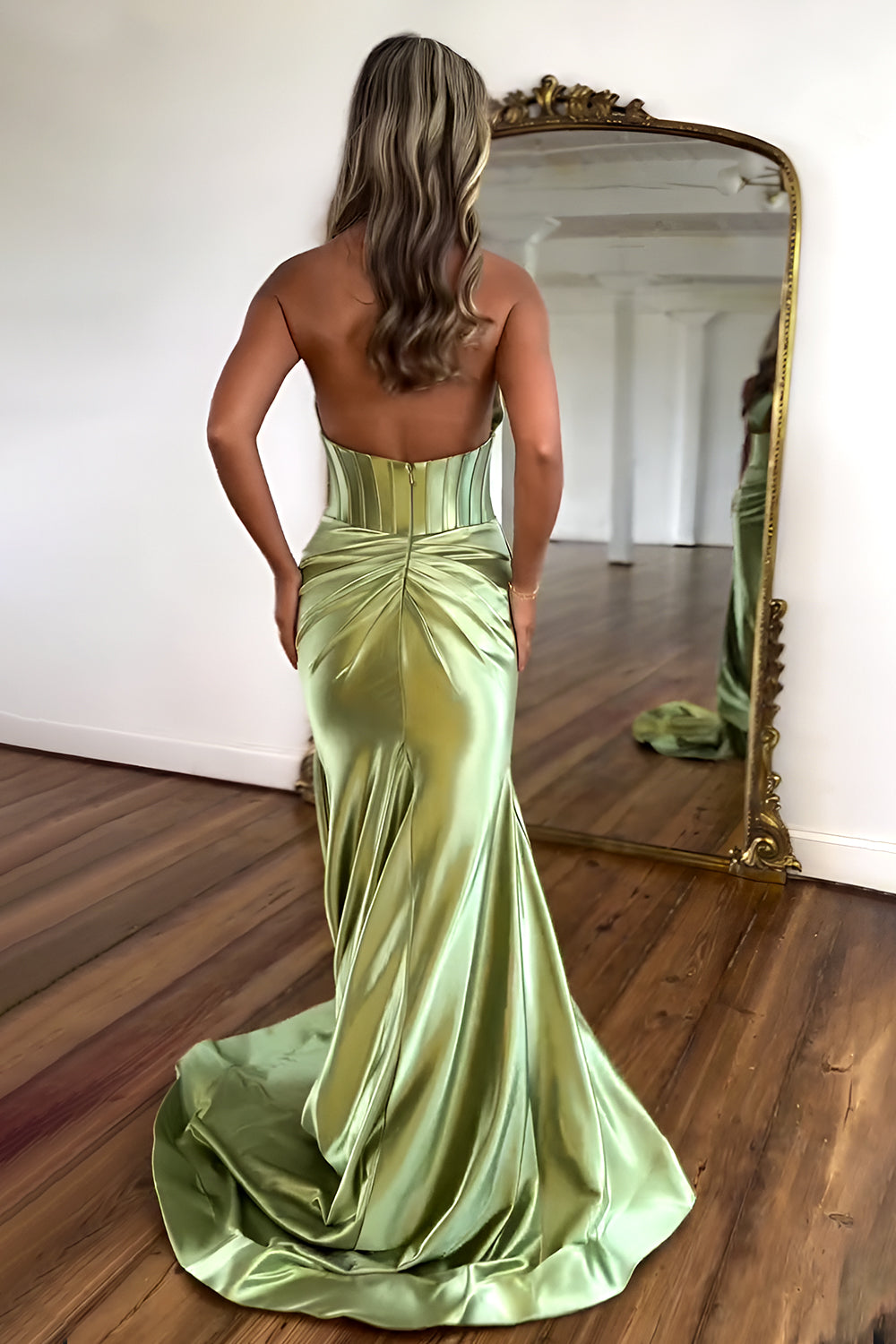 Stylish Sage Green Mermaid Halter Neck Backless Long Satin Prom Dress