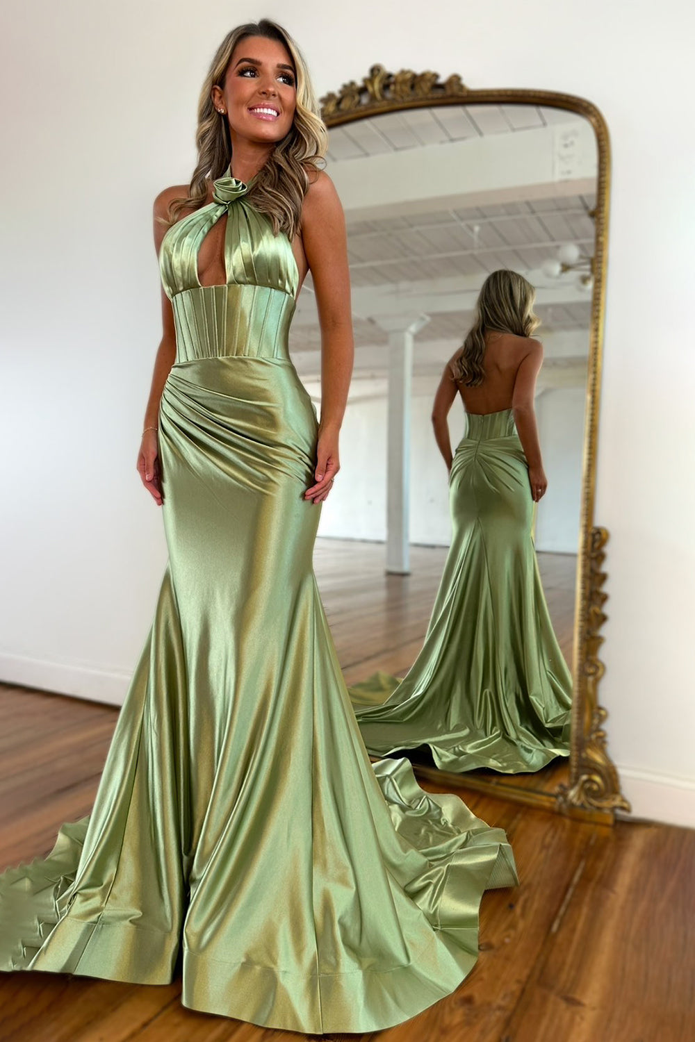 Stylish Sage Green Mermaid Halter Neck Backless Long Satin Prom Dress