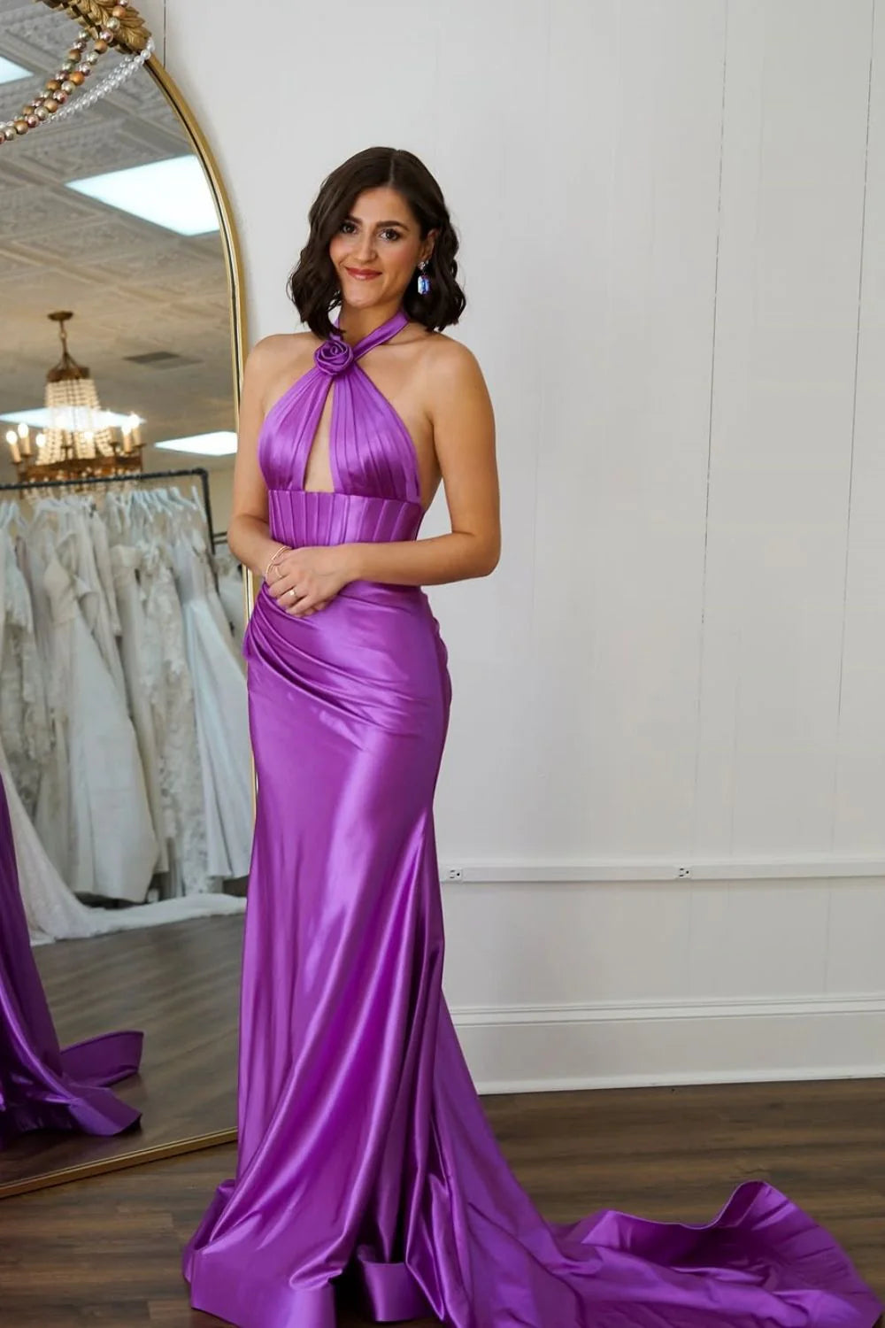 Stylish Sage Green Mermaid Halter Neck Backless Long Satin Prom Dress