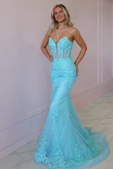 Strapless Light Blue Mermaid Long Lace Corset Prom Dress With Appliques