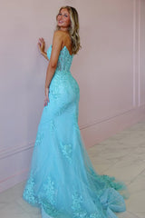 Strapless Light Blue Mermaid Long Lace Corset Prom Dress With Appliques